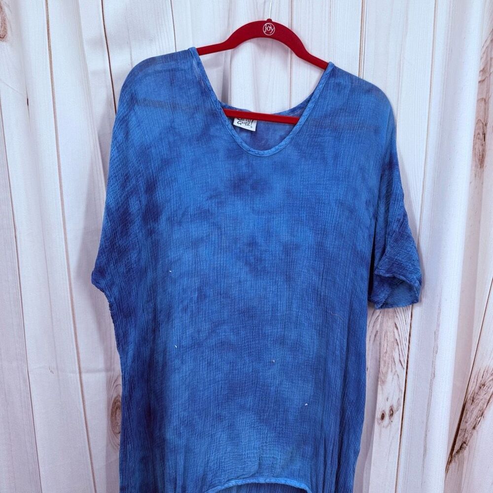 Oh My Gauze Women’s 2 Blue Tie Dye Minimalist Artsy High Low Top Tunic Lagenlook
